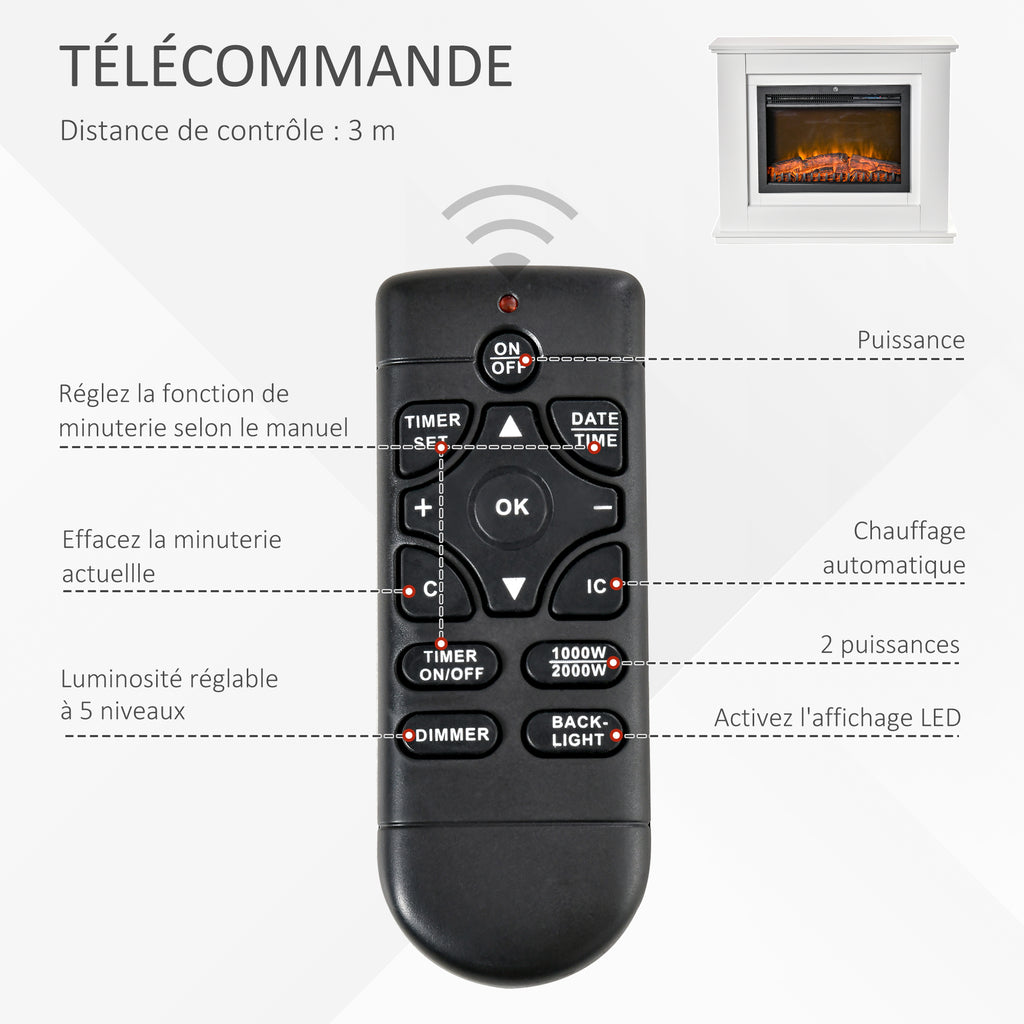 Cheminée électrique Grande Taille 2000 W Effet Flammes LED minuterie température luminosité réglables télécommande fournie Blanc-4