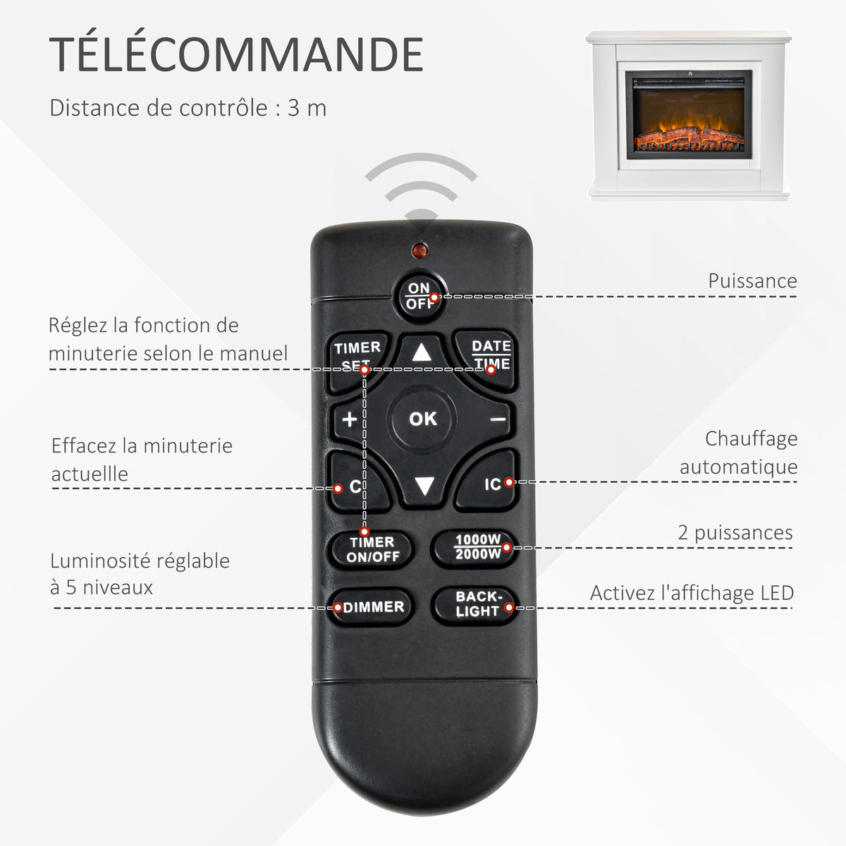 Cheminée électrique Grande Taille 2000 W Effet Flammes LED minuterie température luminosité réglables télécommande fournie Blanc-4
