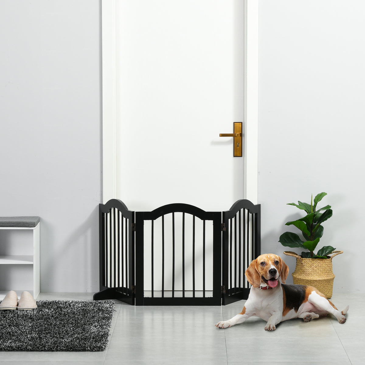 Barrière de sécurité chien barrière modulable pliable pour animaux de compagnie avec pied de support MDF bois massif 154,5 x 61 cm noir-1
