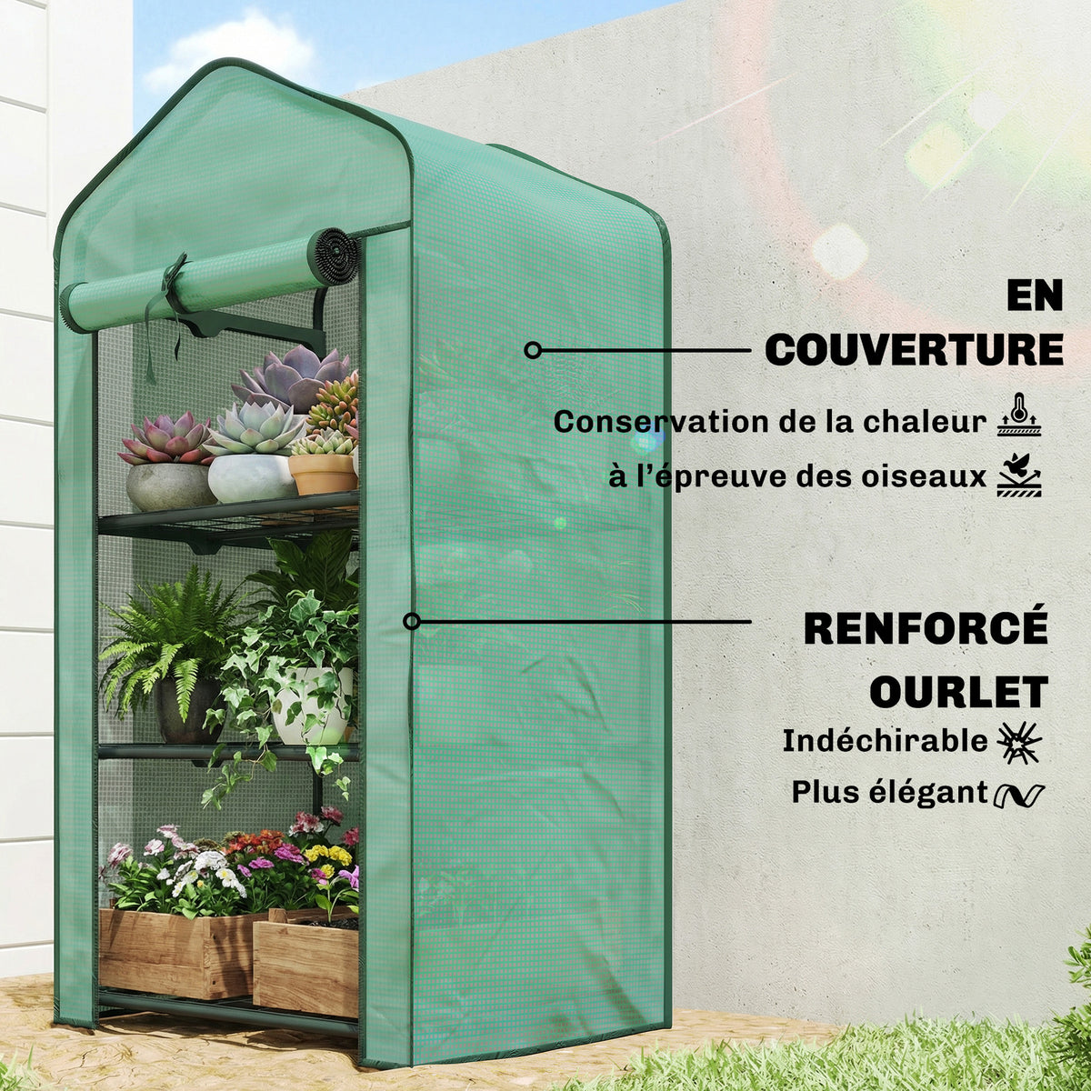 Serre de jardin avec étagères 3 niveaux, serre de balcon, bâche renforcée PE, châssis en acier, 59 x 39 x 127 cm, vert-3