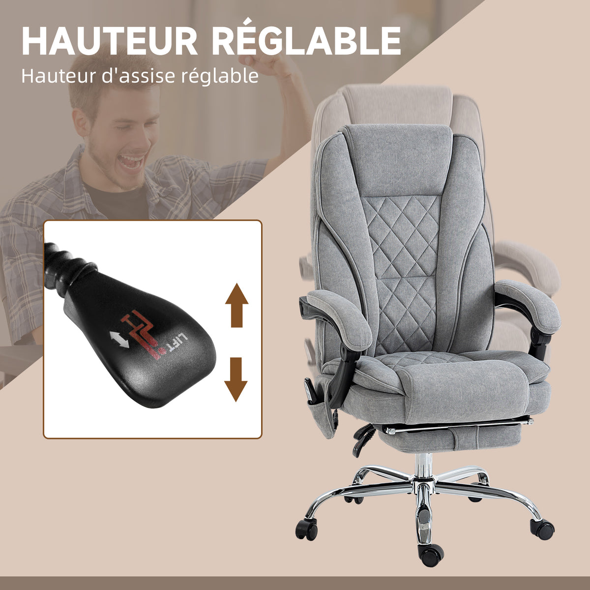 Fauteuil de bureau massant et chauffant hauteur réglable dossier inclinable télécommande repose-pieds rétractable gris-4