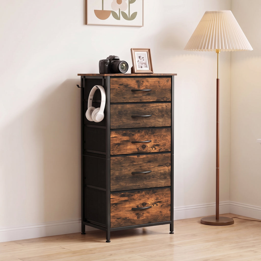 Commode 5 Tiroirs en Tissu Pliables, Commode Chambre Adulte avec Poches Latérales et 2 Crochets, Brun Rustique-7