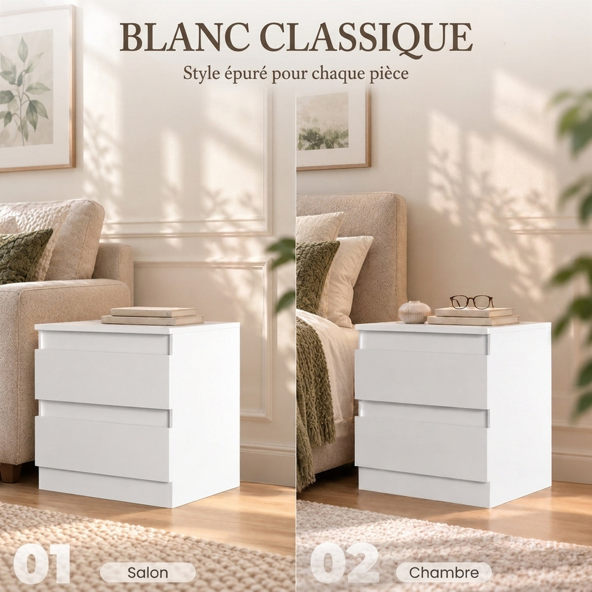 Lot de 2 Tables de Chevet, Tables d'Appoint avec 2 Tiroirs, Style Moderne, pour Chambre, Salon, 40 x 34 x 46,5 cm, Blanc-6
