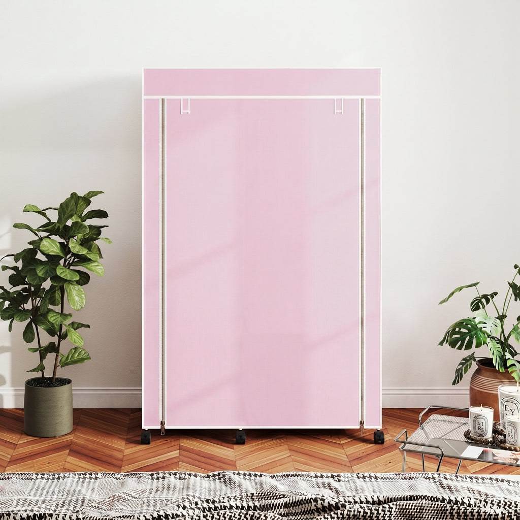 Armoire penderie en tissu meuble de rangement 6 roulettes tringle à vêtements et étagères ouvertes 103x43x166,5cm rose-8