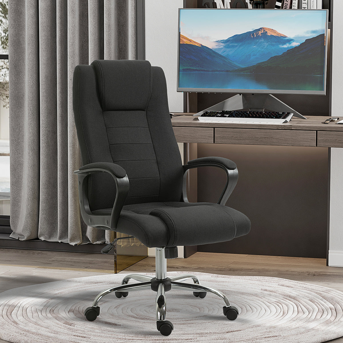 Fauteuil de bureau à roulettes chaise manager ergonomique pivotante hauteur réglable lin noir-1