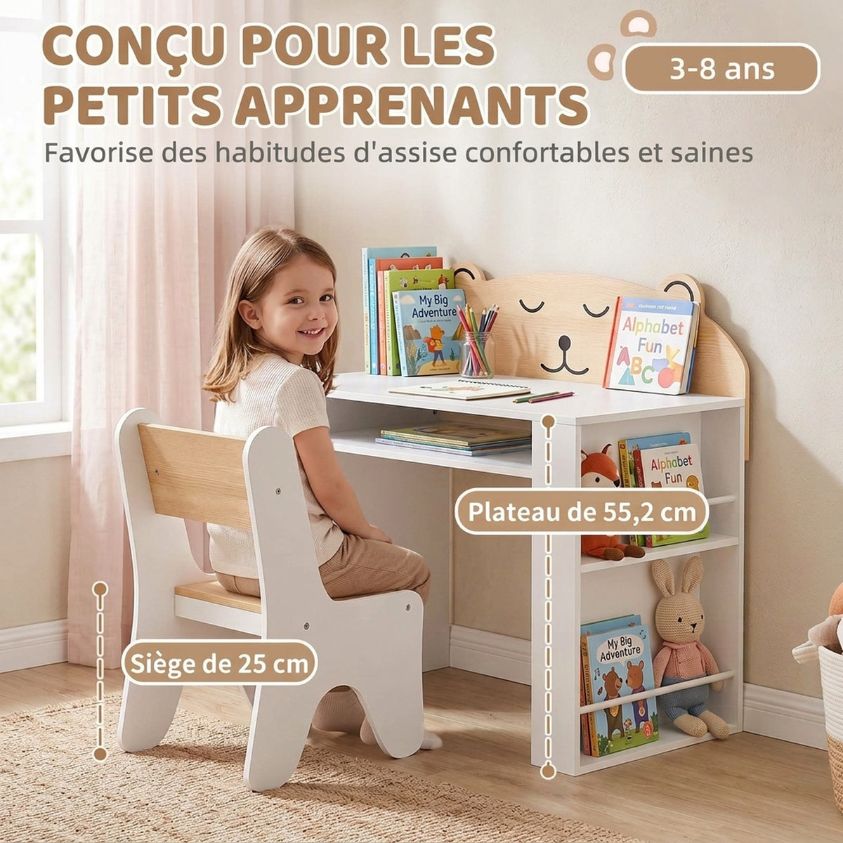 Bureau et Chaise pour Enfant 2 Pièces, Ensemble Table d'Activité avec Bibliothèque pour Dessin, Lecture et Jeux, Blanc-5