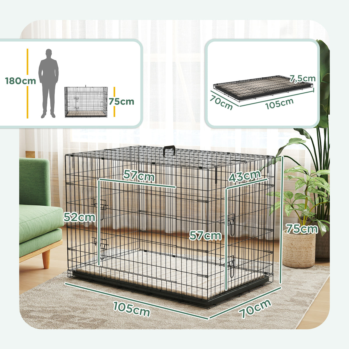 Cage caisse de transport pliante pour chien poignée, plateau amovible, coussin fourni 105 x 70 x 75 cm noir-2