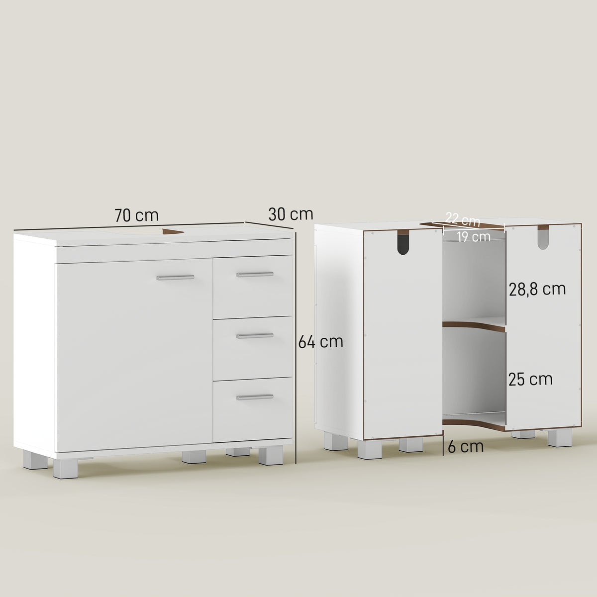 Meuble sous lavabo, meuble de salle de bain avec 3 tiroirs et porte à fermeture amortie, 70 x 30 x 64 cm, blanc-2