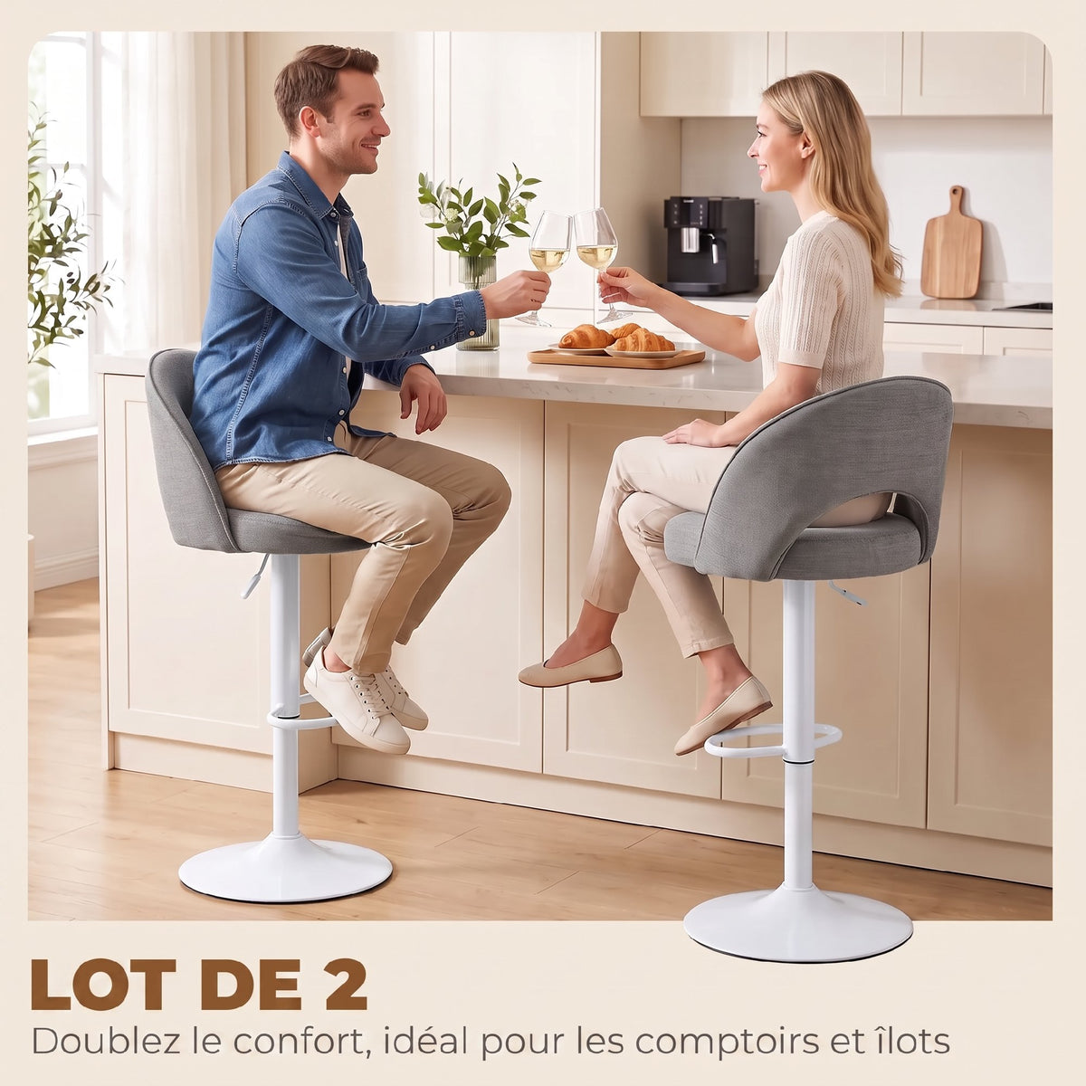 Lot de 2 Tabourets de Bar, Chaises de Bar Réglables en Hauteur, Assise Rembourrée en Chenille, Pivotant 360°, Gris-3