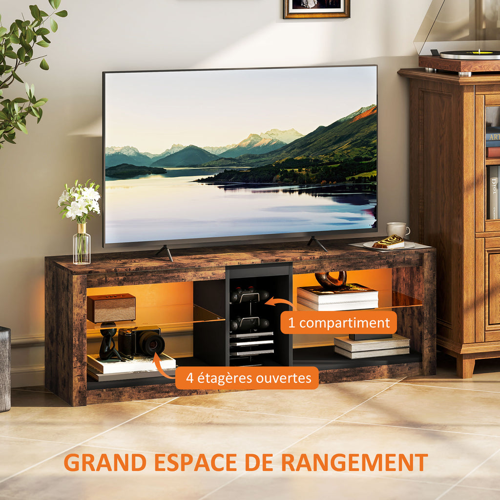 Meuble TV avec lumières LED et télécommande, étagères et compartiments ouvert, 140x35x47cm, marron-4