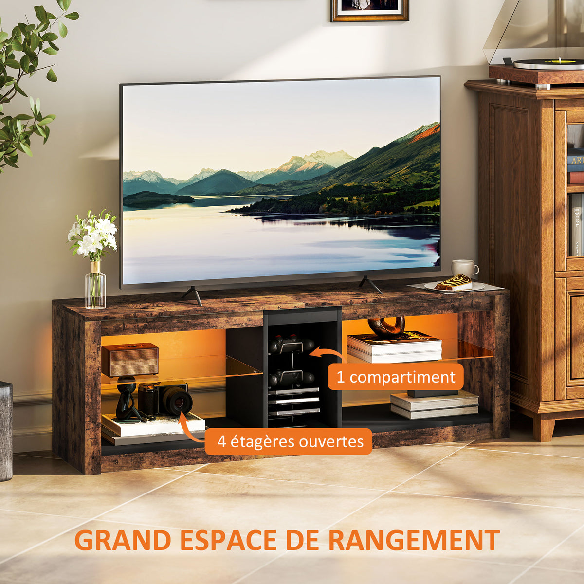 Meuble TV avec lumières LED et télécommande, étagères et compartiments ouvert, 140x35x47cm, marron-4