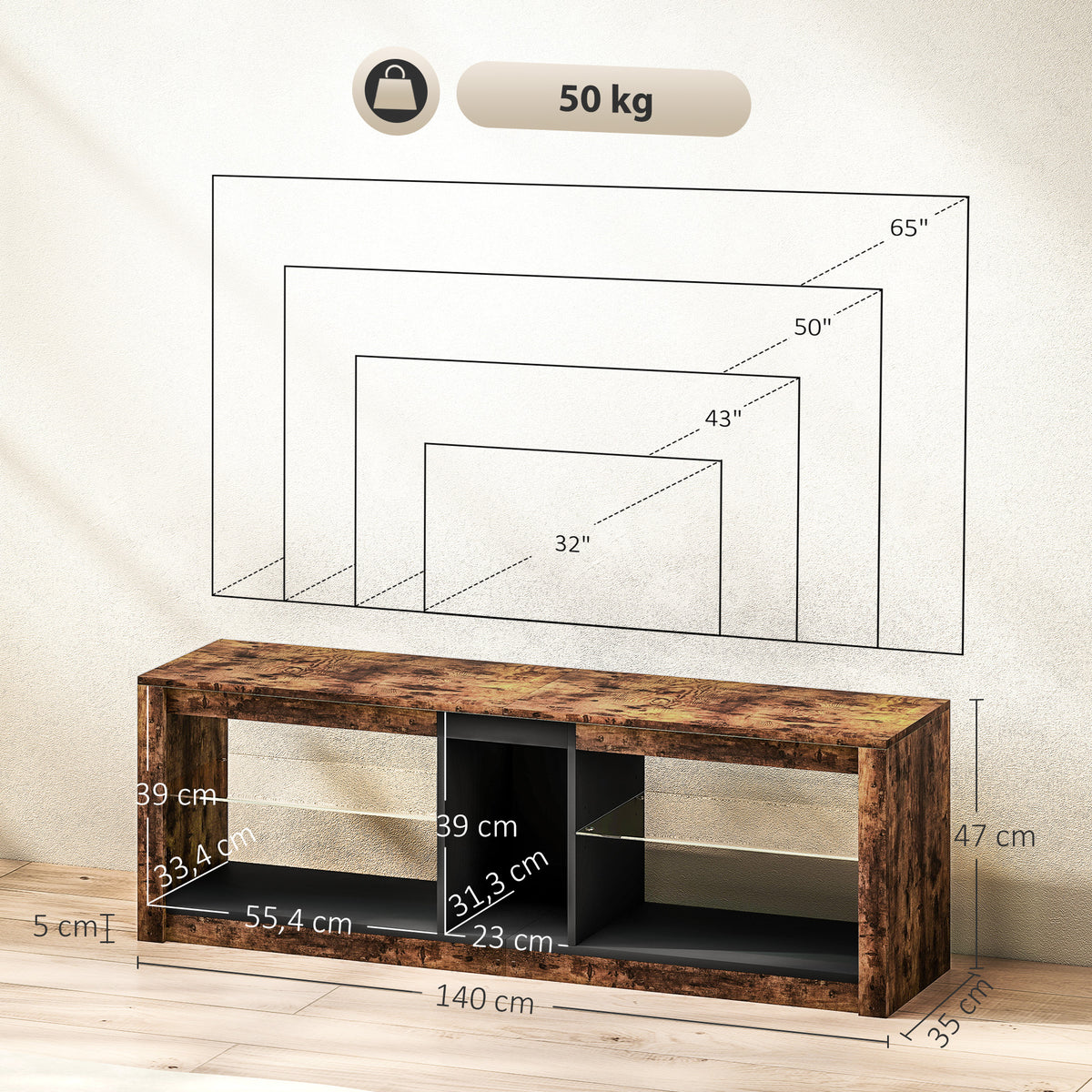 Meuble TV avec lumières LED et télécommande, étagères et compartiments ouvert, 140x35x47cm, marron-2
