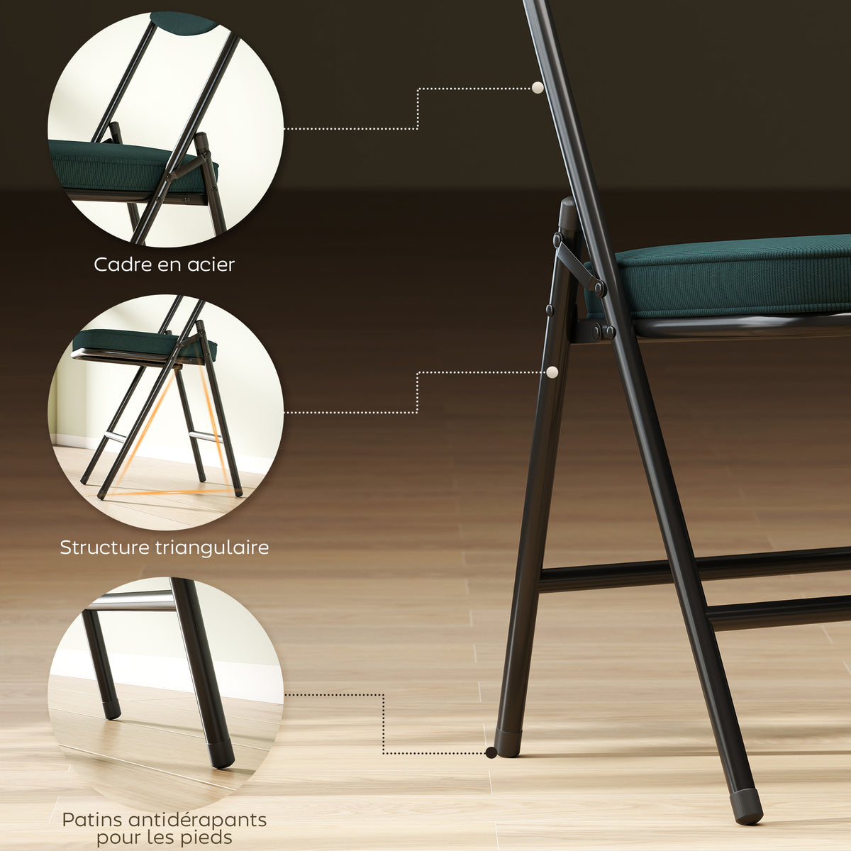Lot de 4 chaises pliantes chaises de salle à manger portables avec assises et dossiers rembourrés en velours côtelé bleu-5