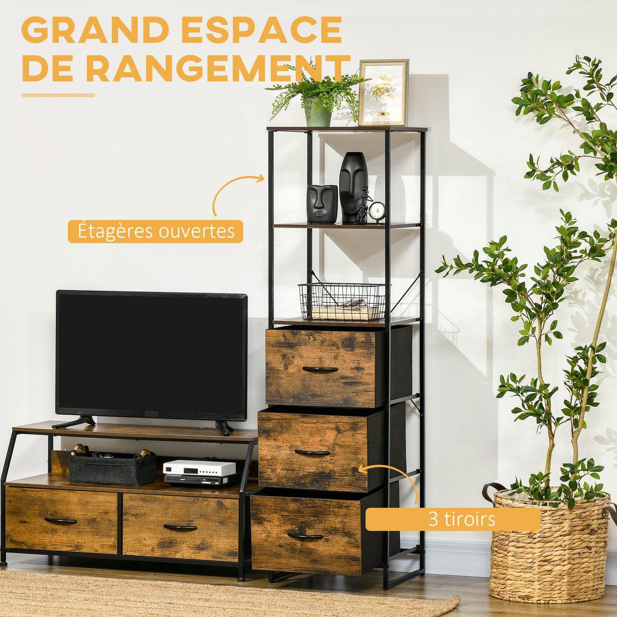 Meuble de rangement avec étagères et 3 tiroirs en tissu pliables amovibles, style industriel, dim. 44L x 40l x 155H cm-3