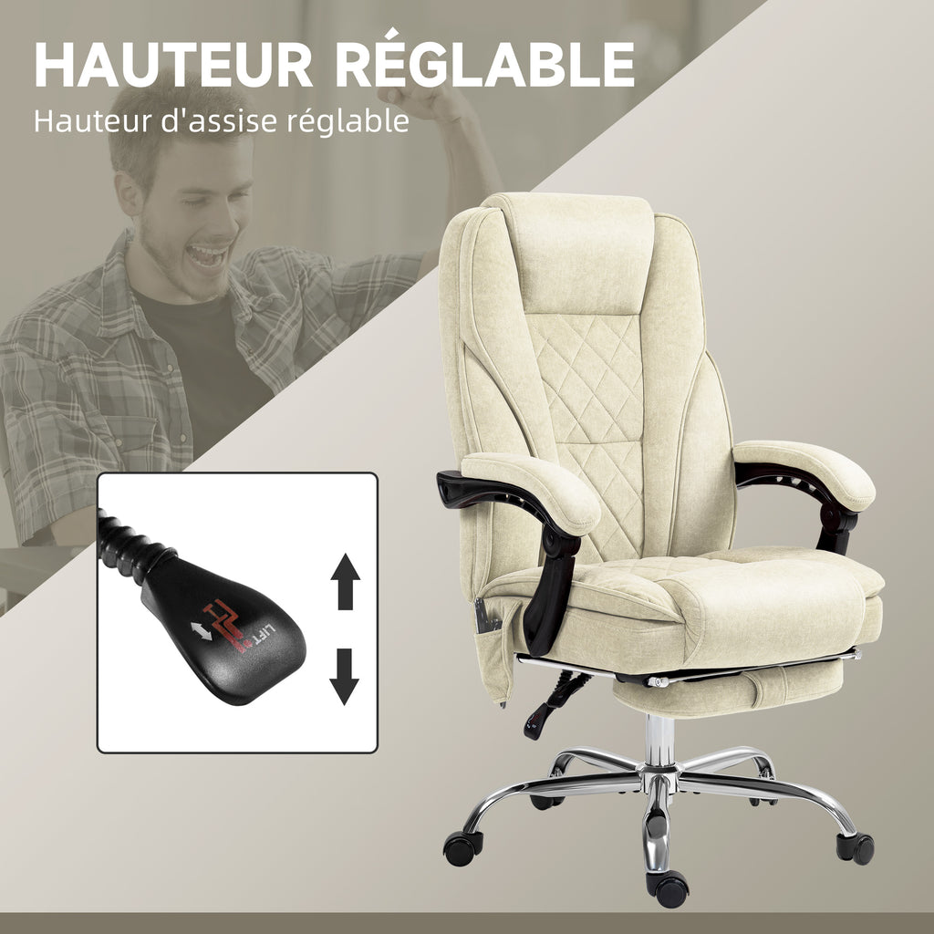 Fauteuil de bureau massant et chauffant hauteur réglable dossier inclinable télécommande repose-pieds rétractable beige-4