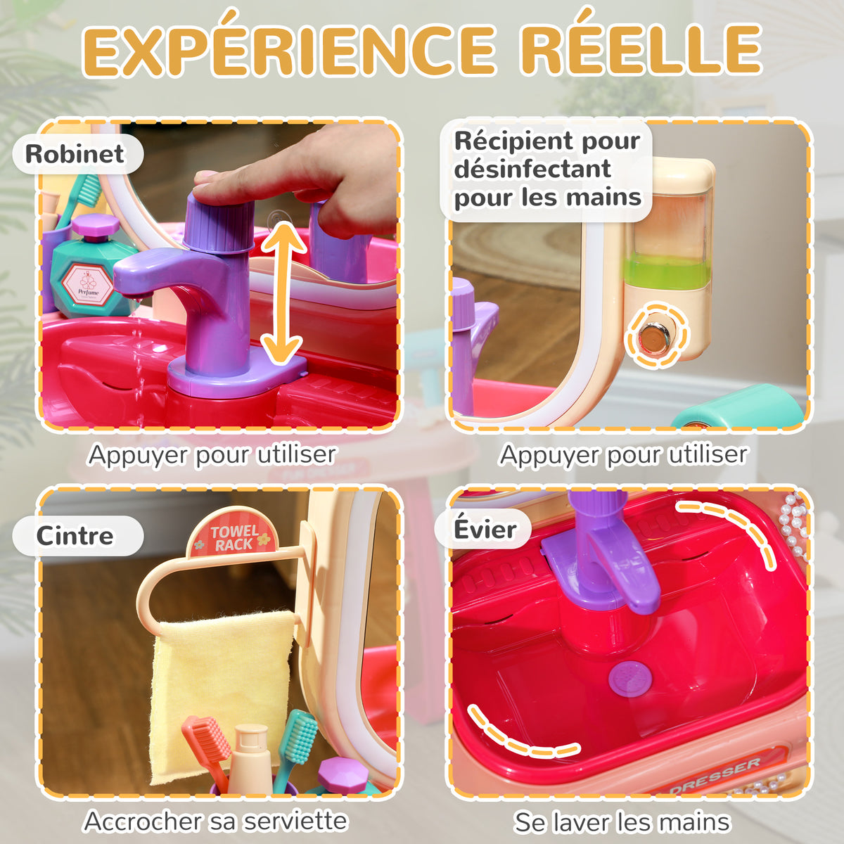 Coiffeuse pour enfants 23 PCS, table de maquillage avec miroir, lumière LED et musique, pour enfants de 3 à 6 ans, rose-4