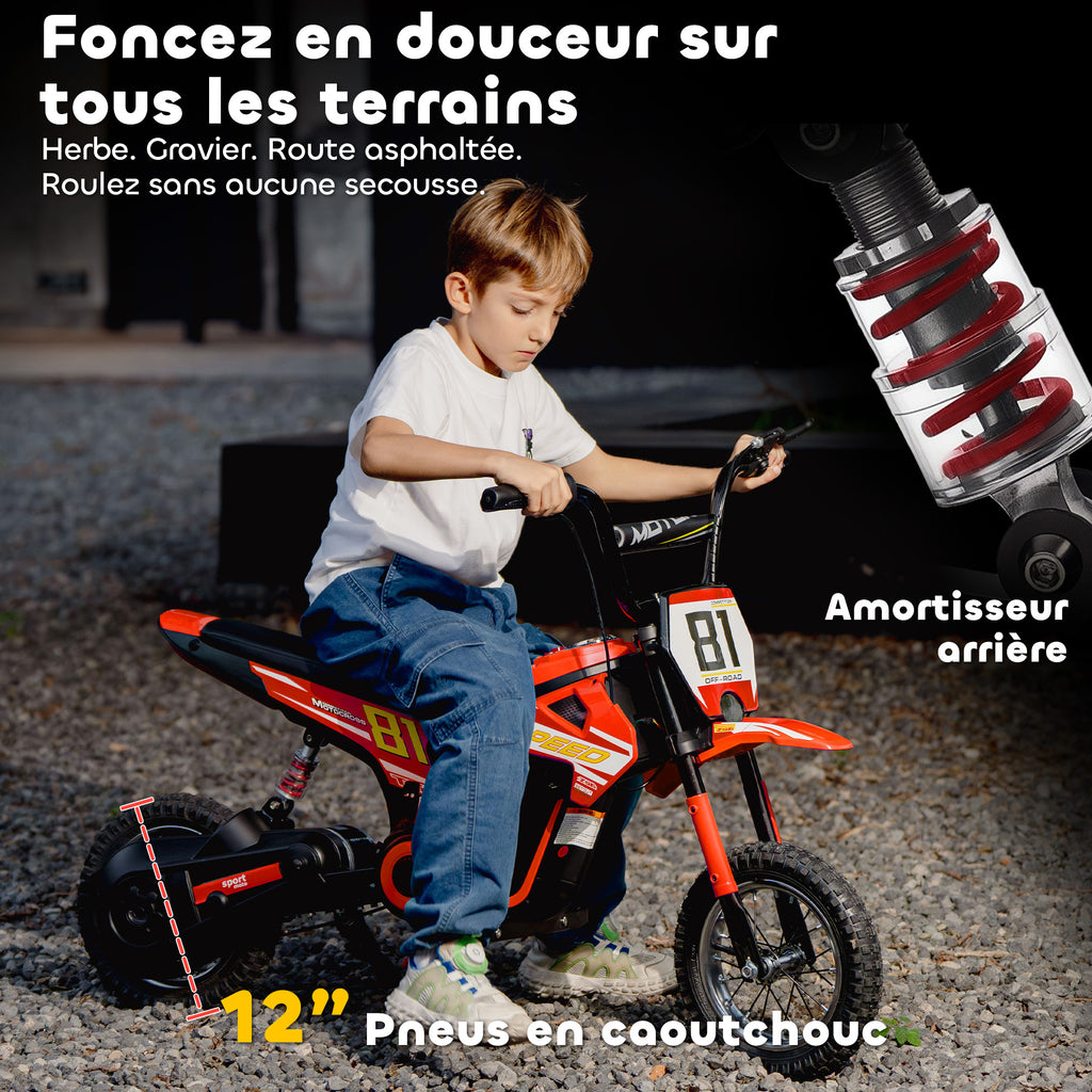 Moto électrique enfants 24V, moteur 250W, vitesse 6,4-16 km/h, pour enfants 8-12 ans, suspension arrière, rouge-5