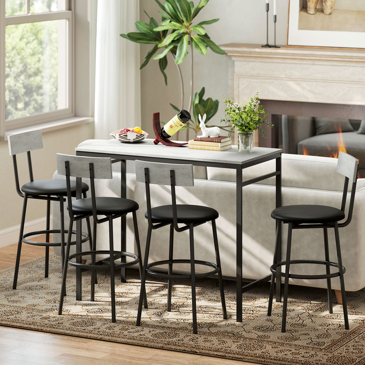 Ensemble table de bar avec tabourets, table haute bar et 4 tabourets, structure en acier, 110 x 55 x 90 cm, blanc-6