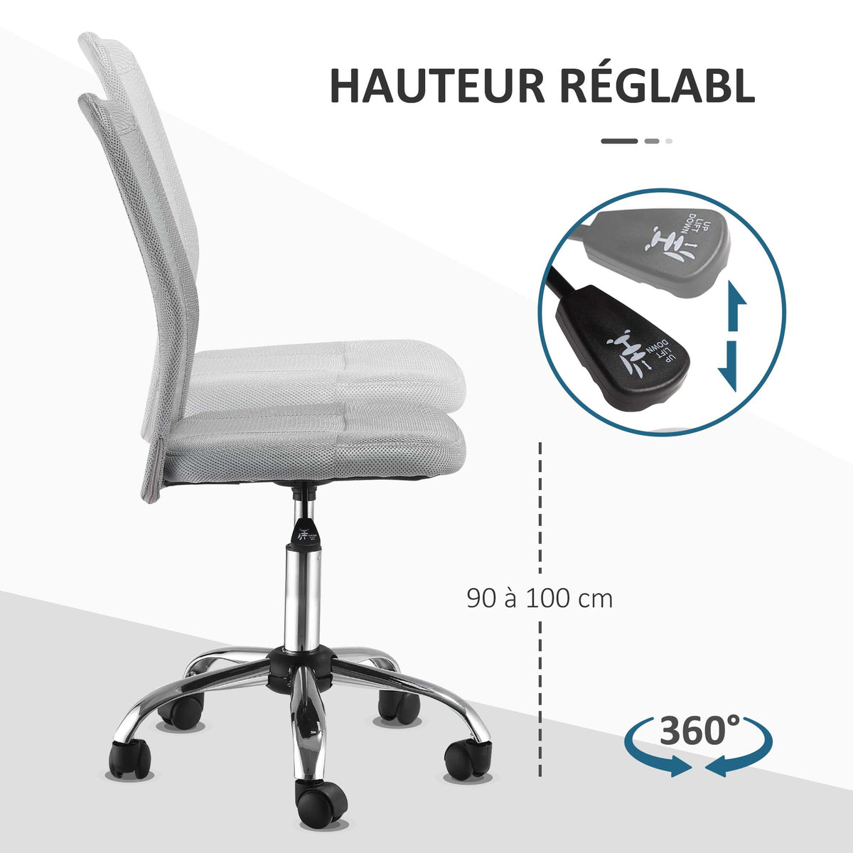 Lot 2 de chaises de bureau ergonomique hauteur réglable piètement chromé pivotant 360° revêtement maille gris-4