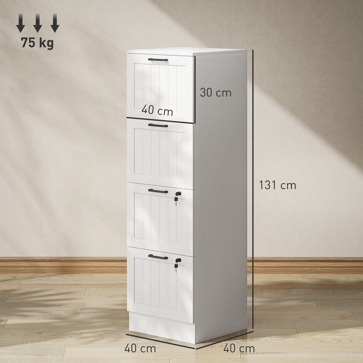 Caisson bureau, meuble rangement bois 4 tiroirs et serrure, barres de suspension réglables, 40 x 40 x 131 cm, blanc-2