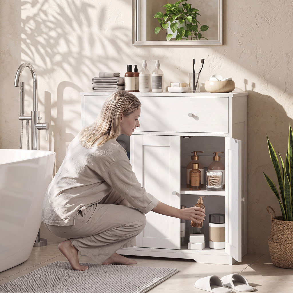 Meuble de Salle de Bain avec 1 Tiroir, 2 Portes, 3 Compartiments Ouverts, Style Scandinave, 80x30x80,2cm, Blanc-7