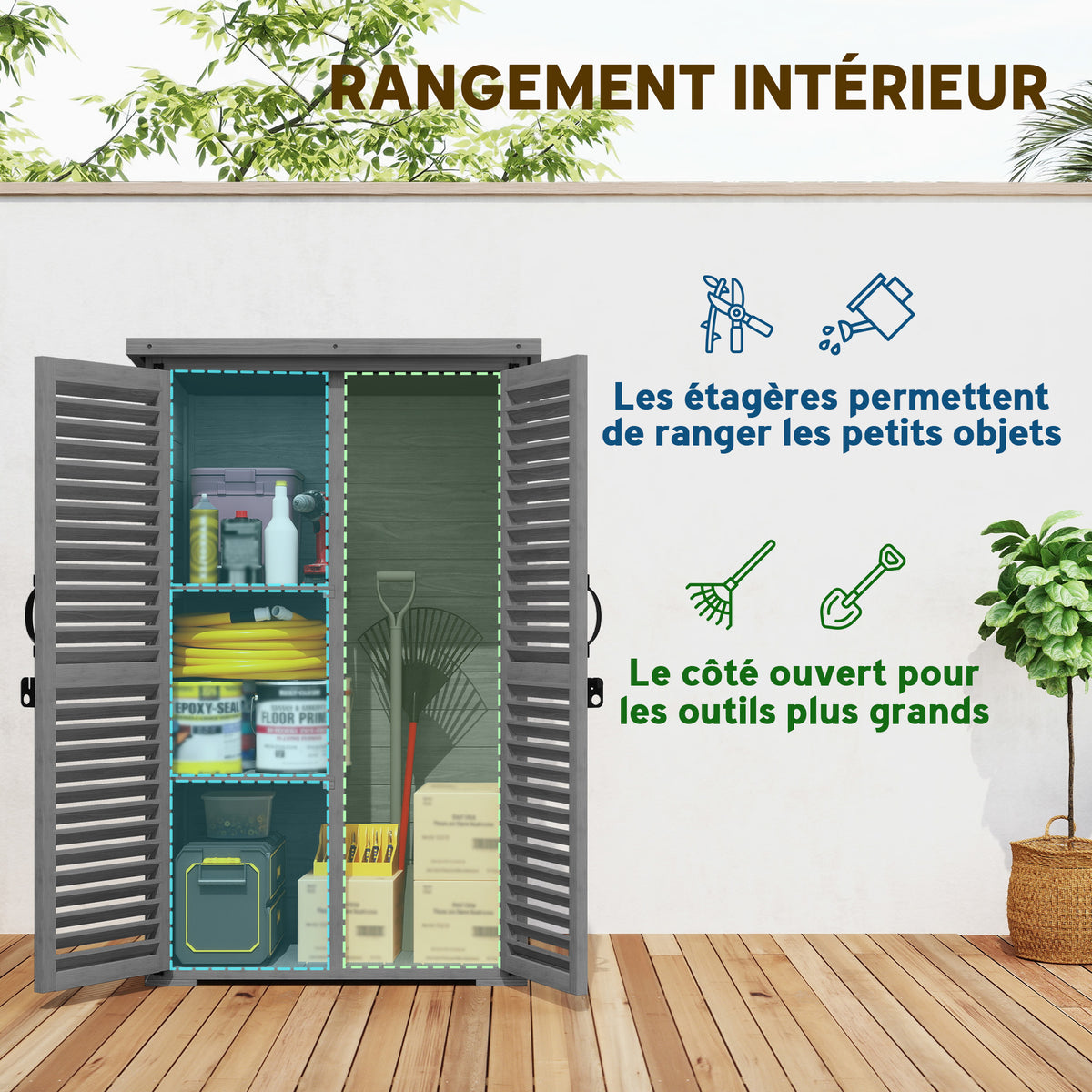 Armoire de Jardin Remise Pour Outils en Bois 2 Étagères Toit Bitumé Portes Persiennes Verrouillable 75 x 50 x 118cm Gris-3