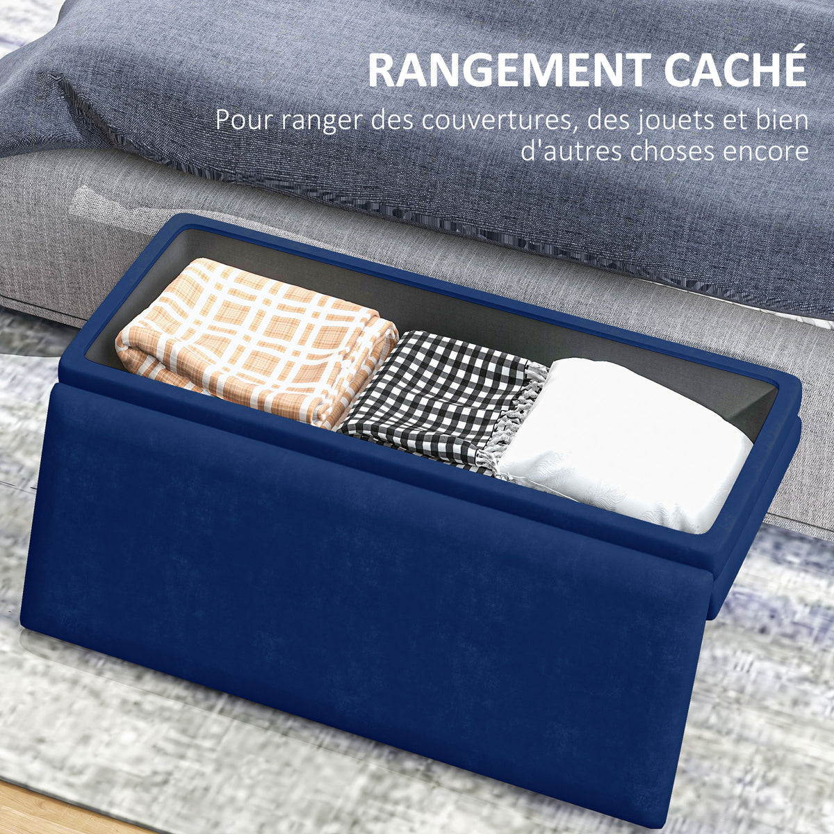 Banc banquette coffre de rangement 2 en 1 assise aspect velours et pieds acier - 100 x 37,5 x 42 cm bleu et doré-4