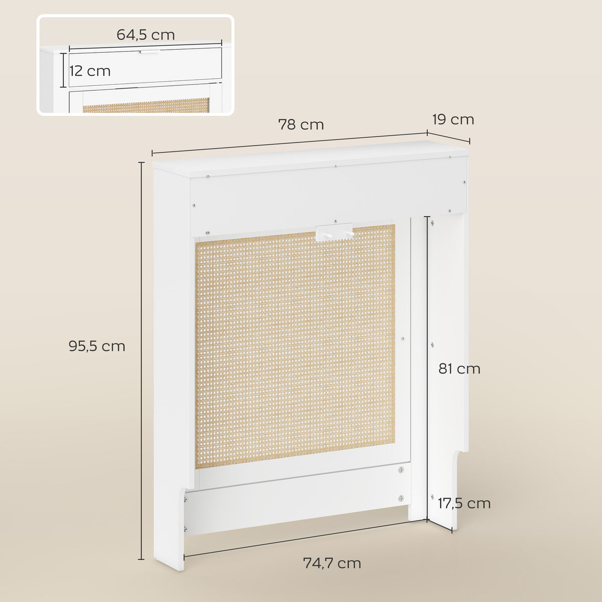 Cache-Radiateur avec Placard Rabattable et Porte en Rotin, Couvercle de Radiateur en Bois avec Compartiment, Blanc-2