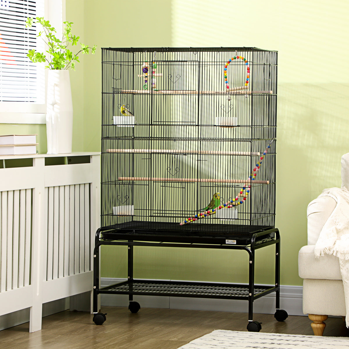 Cage à oiseaux sur pieds roulettes avec 4 mangeoires et 3 perchoirs 79 x 49 x 133 cm noir-9
