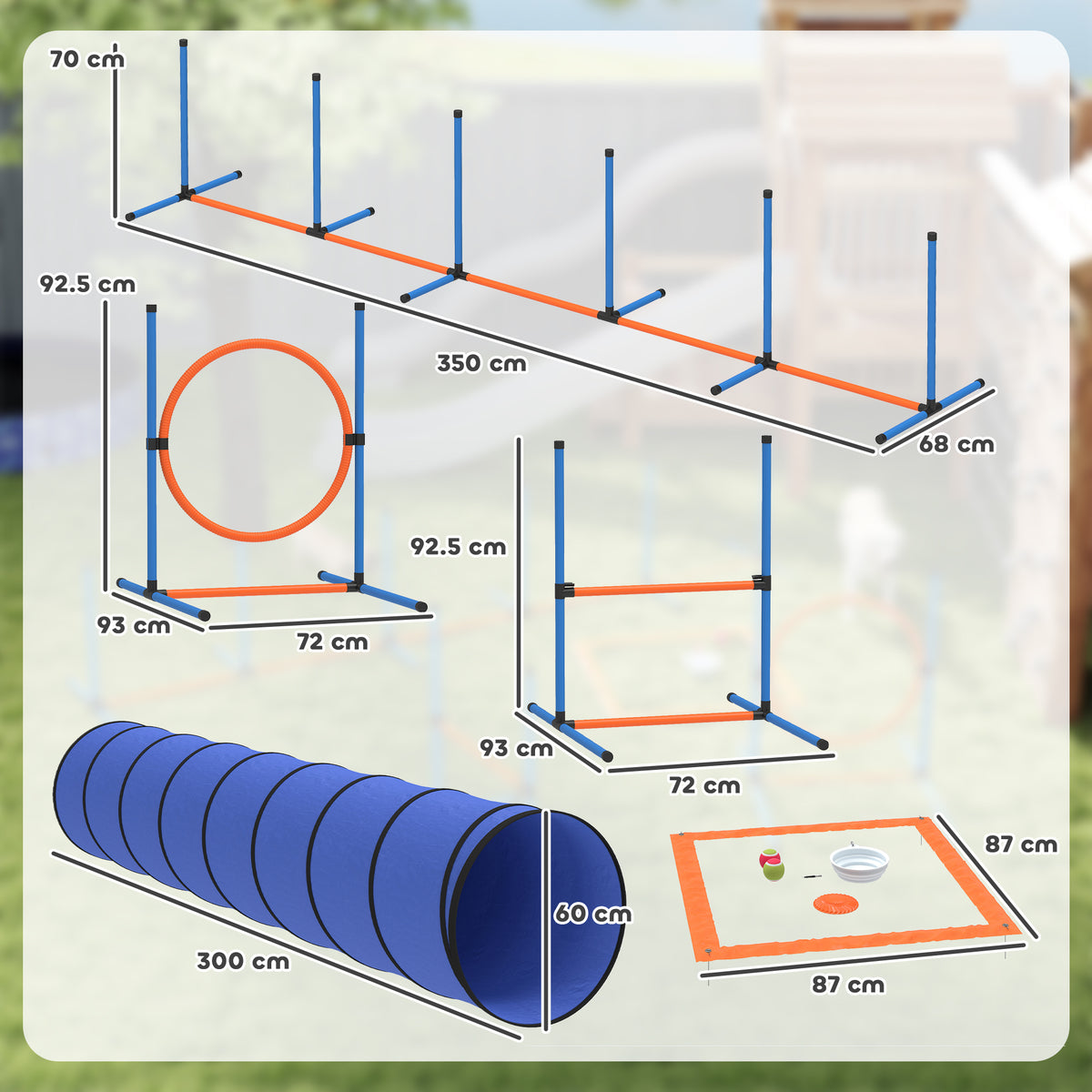Ensemble d'Agilité pour Chien 8 Pièces avec Tunnel, Slaloms, Sauts Ajustables, Sac de Transport, 350x68x70cm, Orange-2