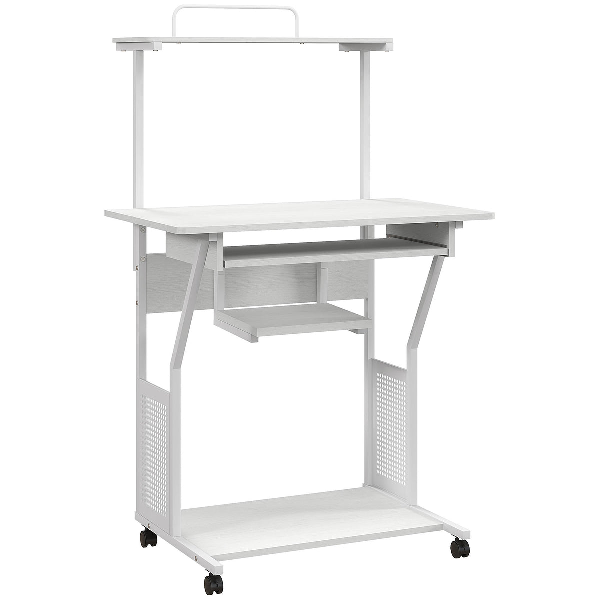 Bureau d'ordinateur roulant avec étagères de rangement, poste de travail et plateau pour clavier, 80x50x130cm, blanc-0
