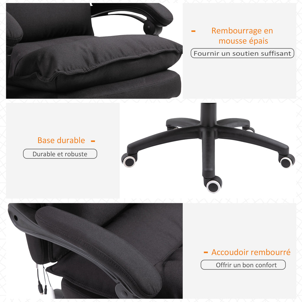 Fauteuil de bureau massant, chaise de bureau, chaise ergonomique avec hauteur réglable, dossier inclinable, repose-pied intégré et télécommande filaire, pivotant à 360°, toile de lin noir-7