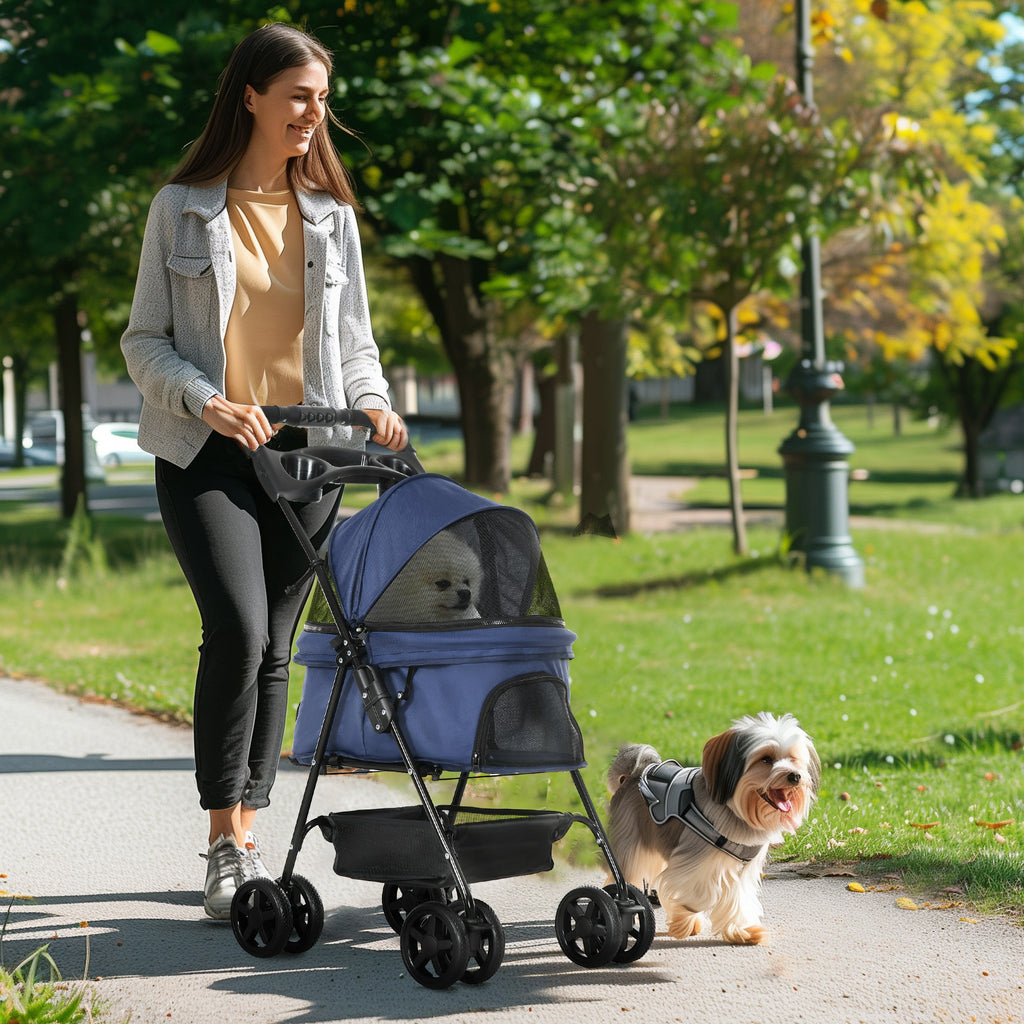 Poussette buggy pliable chien chat panier rangement porte-gobelets tissu 300D Oxford imperméable 4 roues bleu foncé-1