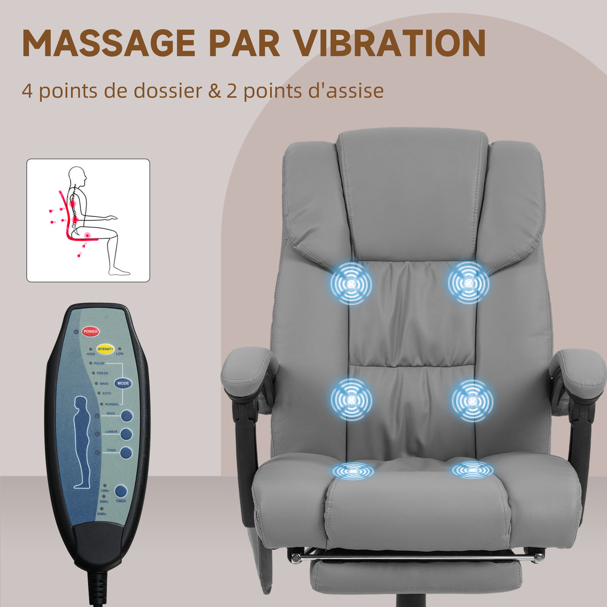 Fauteuil de bureau massant avec repose-pied, hauteur réglable, dossier inclinable, télécommande filaire, pivotant à 360°-5