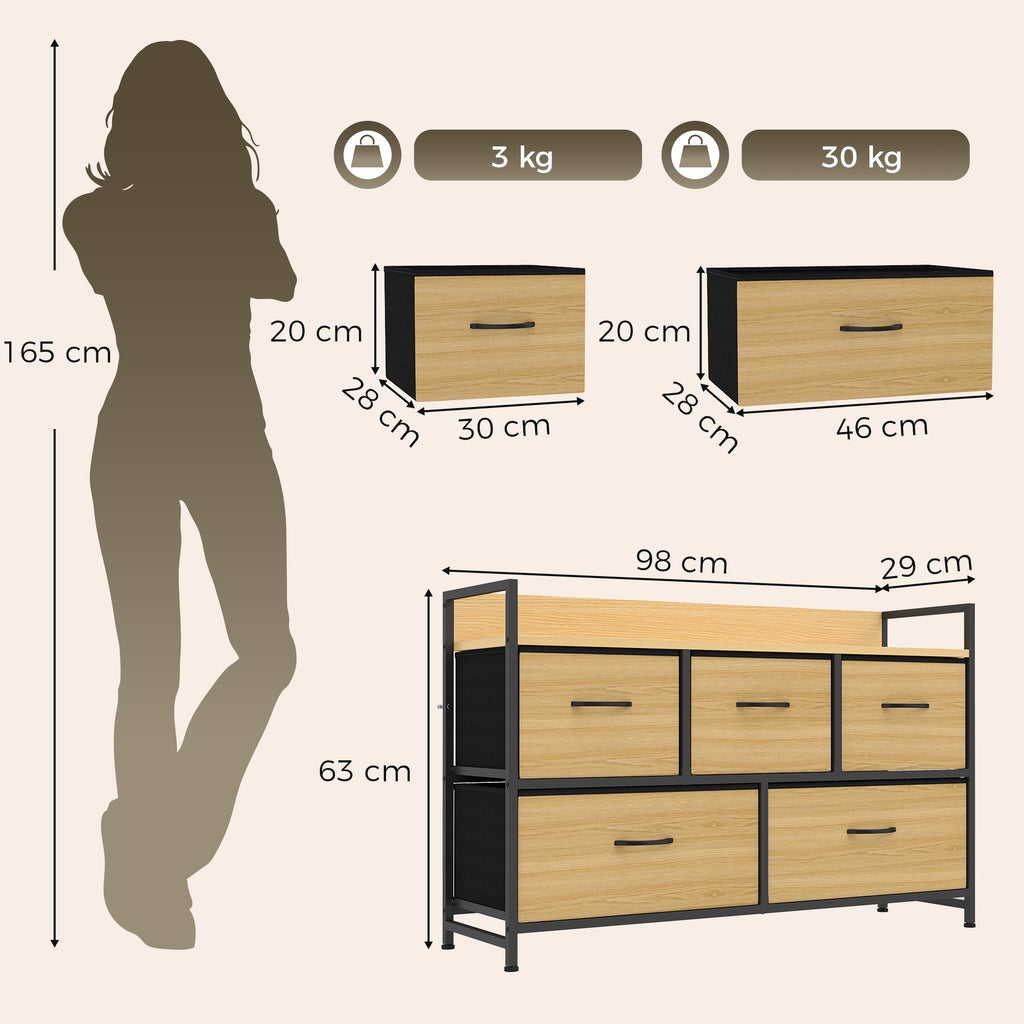 Commode, meuble de rangement avec 5 tiroirs en tissu pliables, plateau et cadre en acier, 98 x 29 x 63 cm, chêne-2