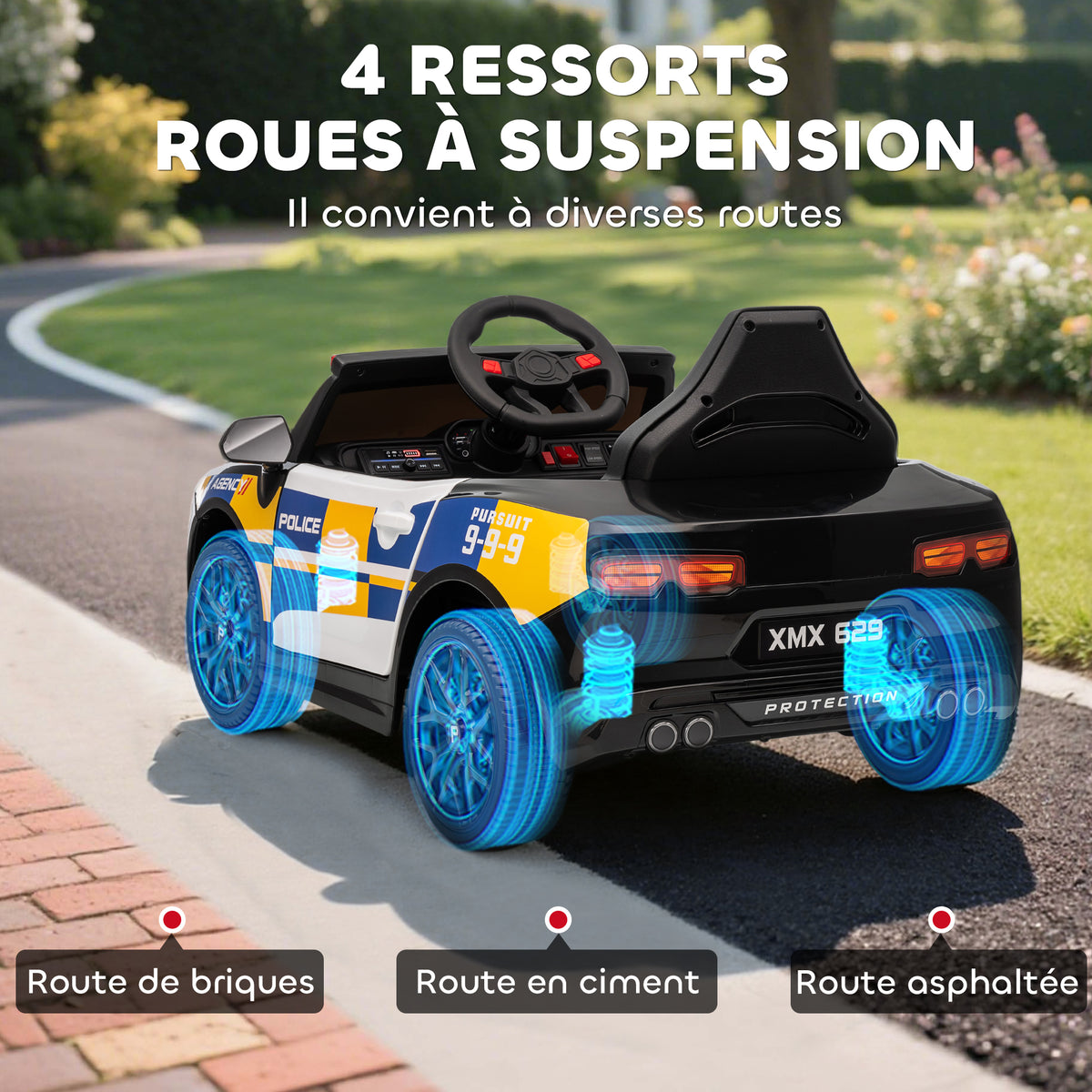 Voiture électrique de police enfant 12V, double moteur, télécommande, USB, MP3, musique & klaxon, multicolore-5
