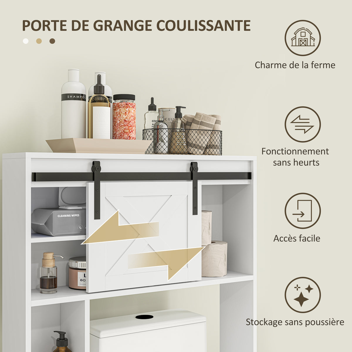 Meuble de rangement au-dessus des toilettes avec porte coulissante, Meuble étagère dessus WC, étagère réglable, blanc-3