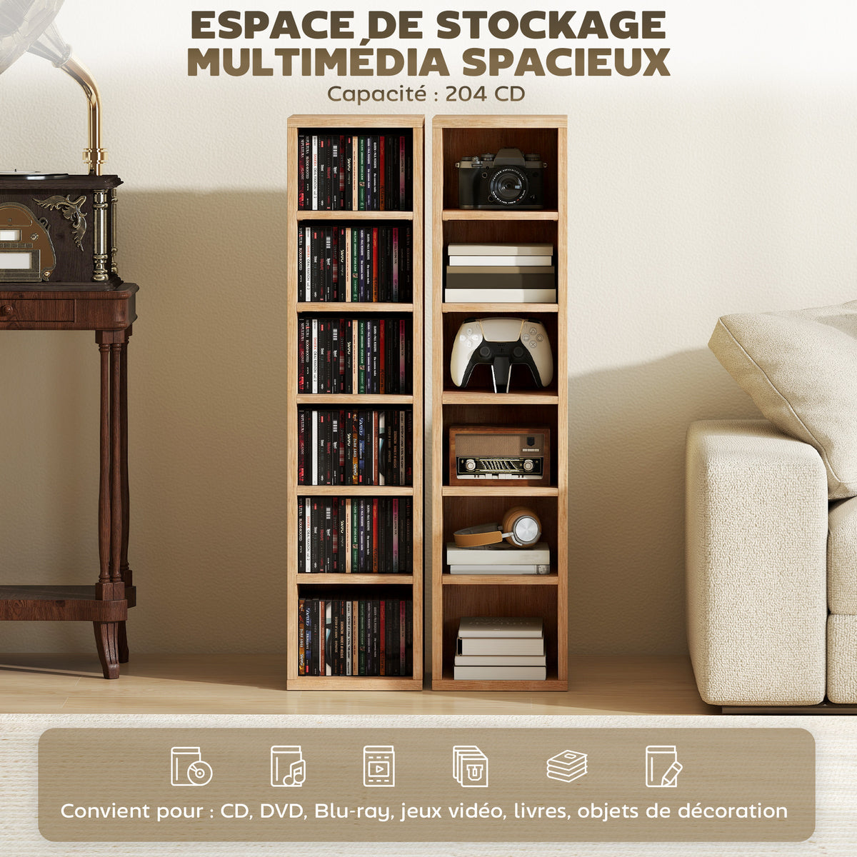 Lot de 2 étagères colonnes armoire de rangement CD-DVD 12 compartiments 21 x 22,5 x 88,5 cm capacité 204 CD bois naturel-3
