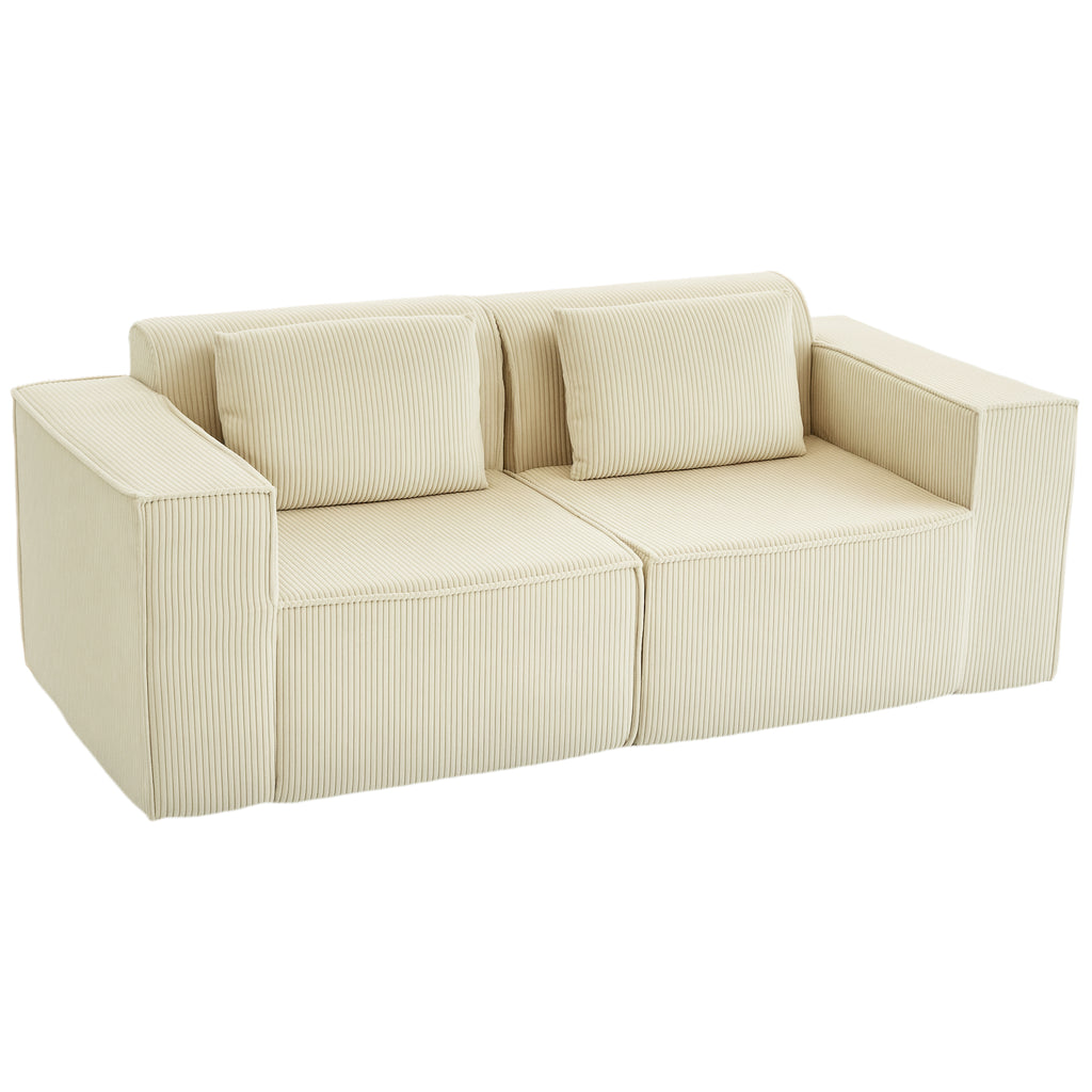 Canapé 3 places en velours côtelé, canapé rembourré, larges accoudoirs, 2 coussins, pas de montage, 202x90x76cm, beige-0