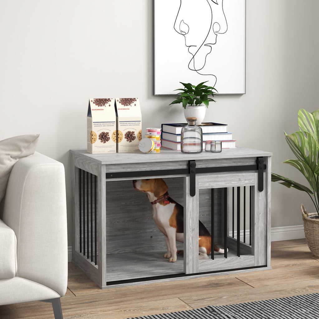 Cage caisse pour chien animaux intérieur porte coulissante, métal effet bois, dim. 57H x 80L x 54l cm-9
