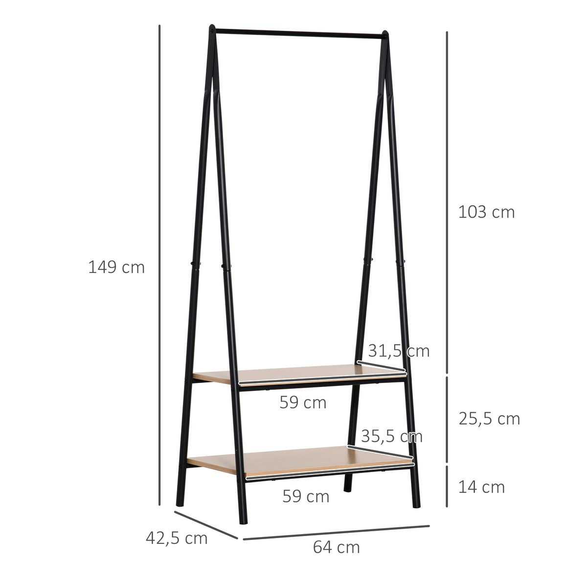 Portant à vêtements penderie style contemporain triangulaire dim. 64L x 43l x 149H cm 2 étagères MDF bois clair acier noir-2