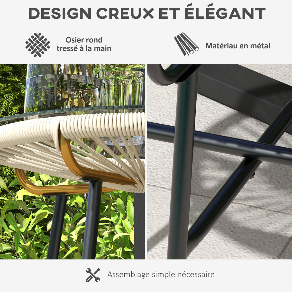 Table basse ronde de jardin en résine aspect rotin métal et plateau verre trempé Ø 50 x 50 cm crème-4