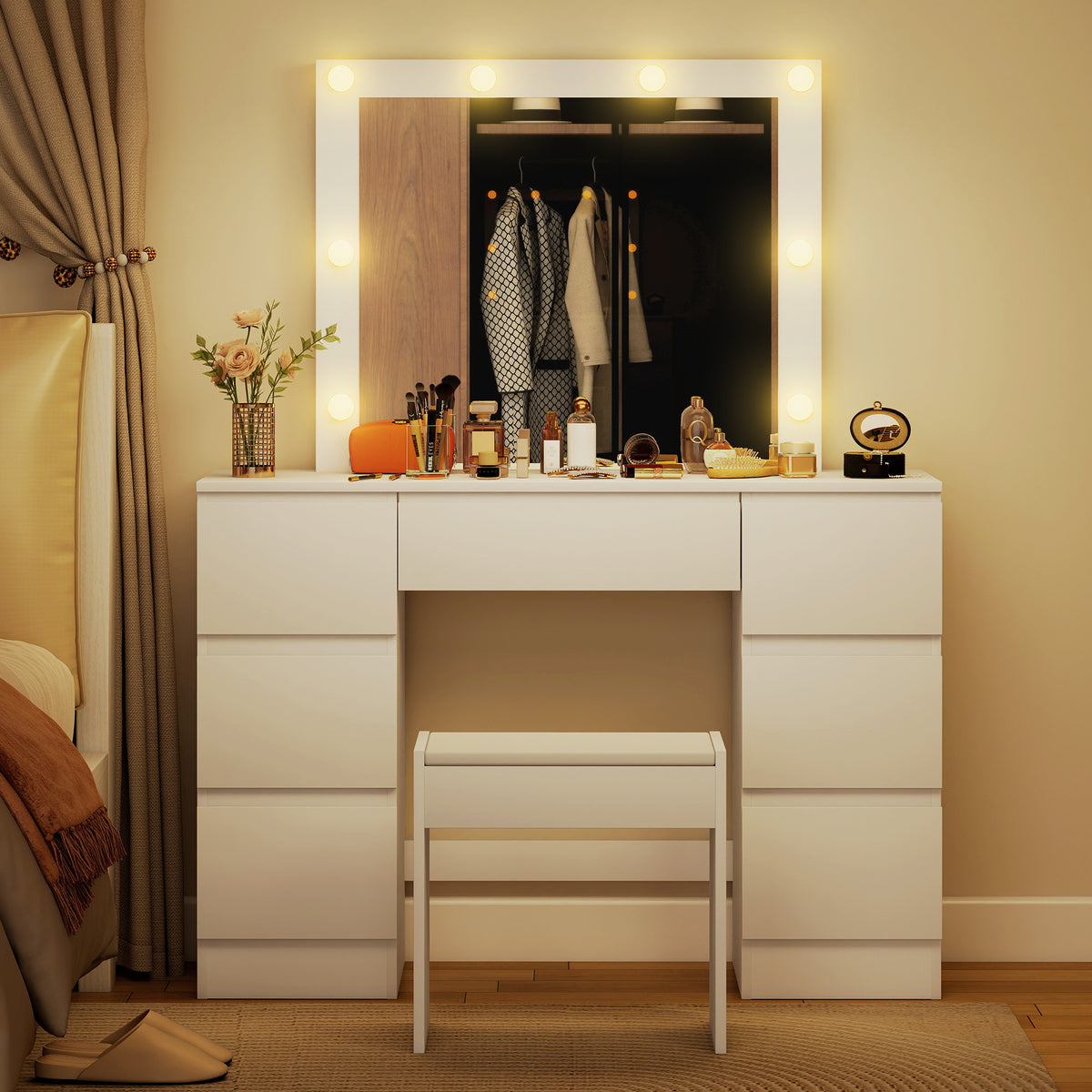 Coiffeuse avec miroir et tabouret table de maquillage avec miroir LED tabouret rembourré 7 tiroirs 110x39,5x140cm blanc-7