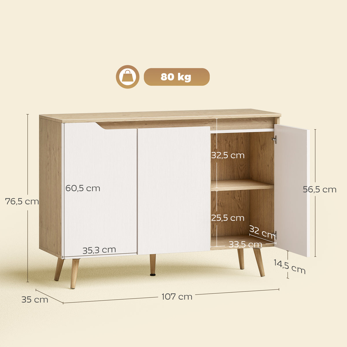Buffet salon, meuble de rangement, 3 portes, étagères réglables et pieds en bois d'hévéa, 107x35x76,5cm, blanc et chêne-2