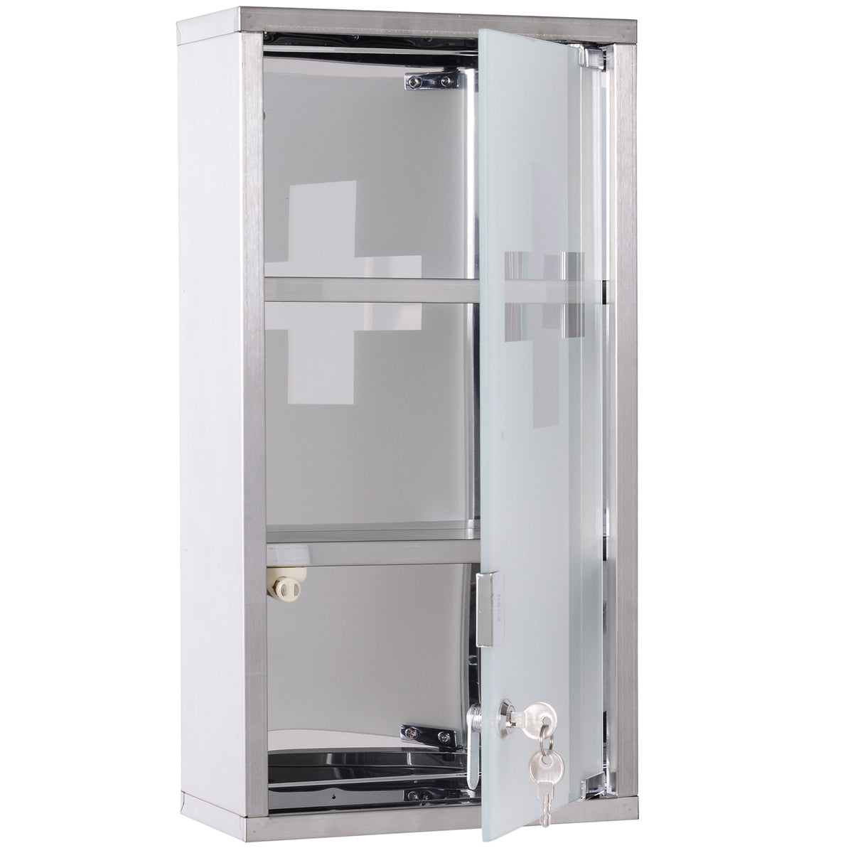 Armoire à Pharmacie 2 étagères 3 Niveaux verrouillable Porte Verre trempé dépoli Logo Croix 25L x 12l x 48H cm Acier INOX-0