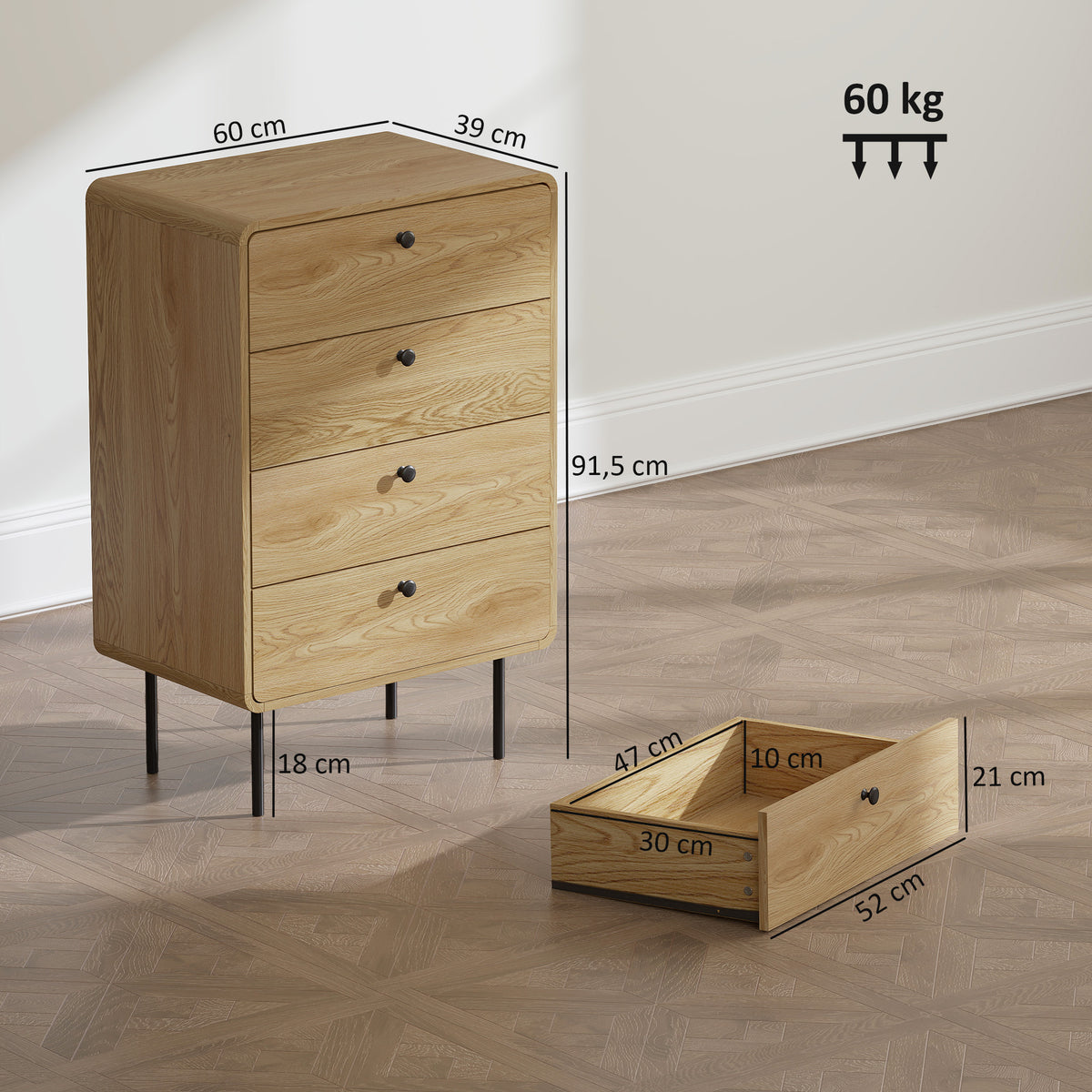 Commode 4 tiroirs, meuble de rangement étroit avec pieds en acier, coins arrondis, 60 x 39 x 91,5 cm, chêne-2