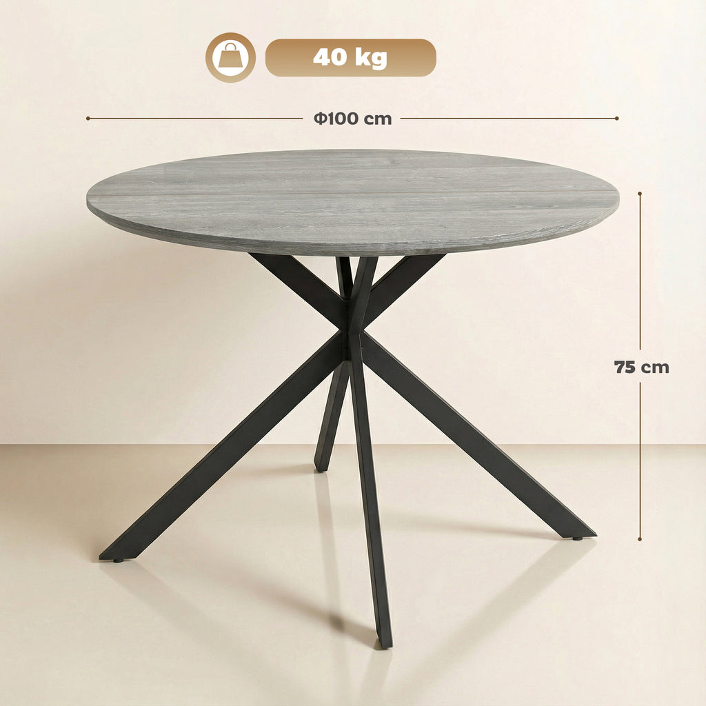 Table à Manger Ronde pour 4 Personnes 100 cm, Style Industriel avec Plateau Aspect Bois, Piètement Croisé en Acier, Gris-2