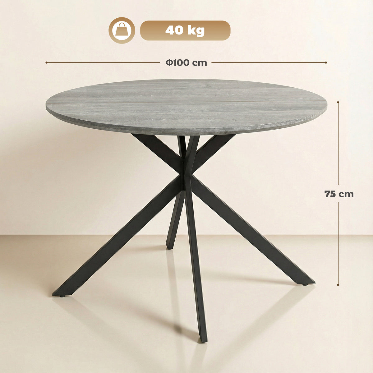 Table à Manger Ronde pour 4 Personnes 100 cm, Style Industriel avec Plateau Aspect Bois, Piètement Croisé en Acier, Gris-2