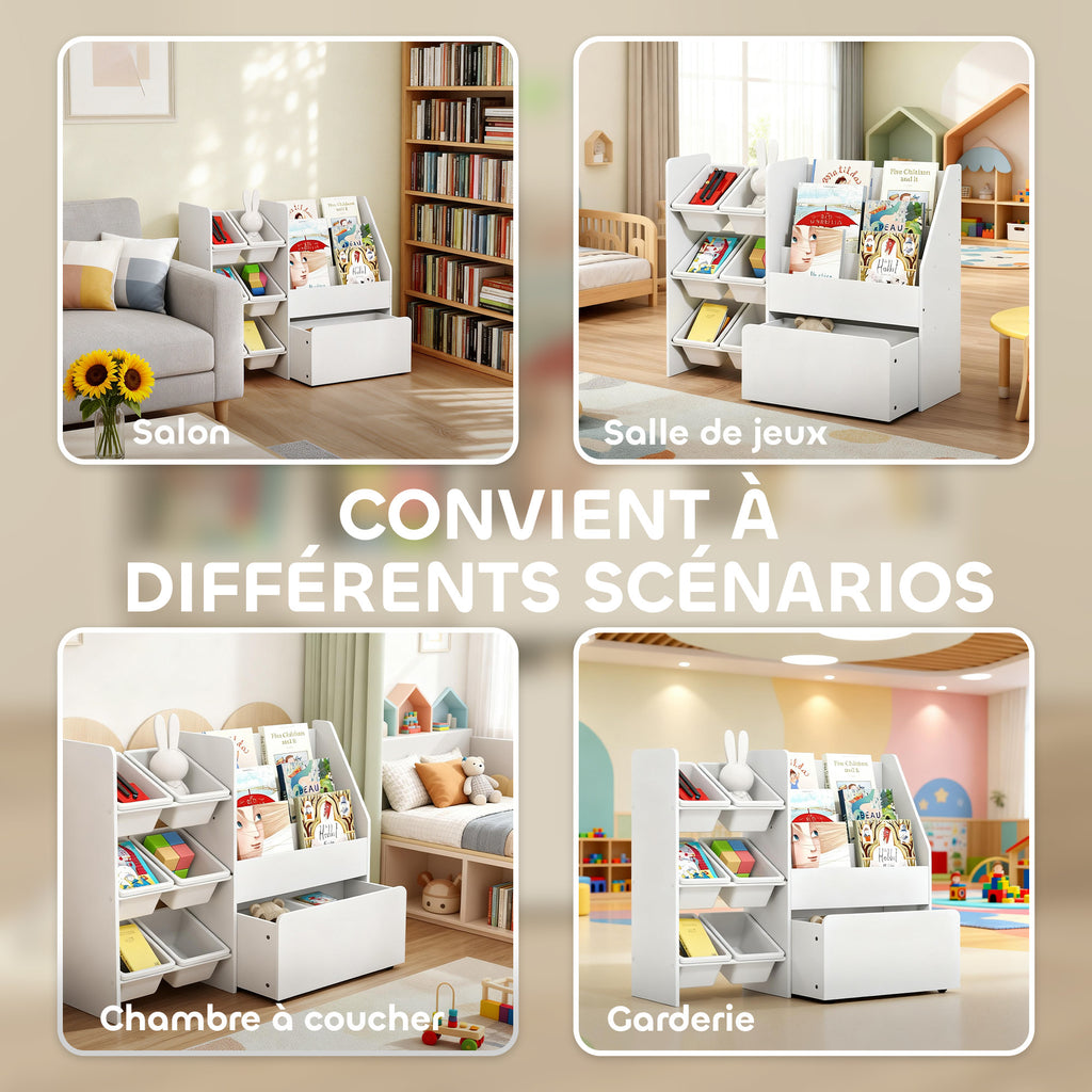 Meuble rangement enfant rangement jouet enfant 6 bacs amovibles et grand coffre à roulettes 100 x 30 x 80 cm blanc-5