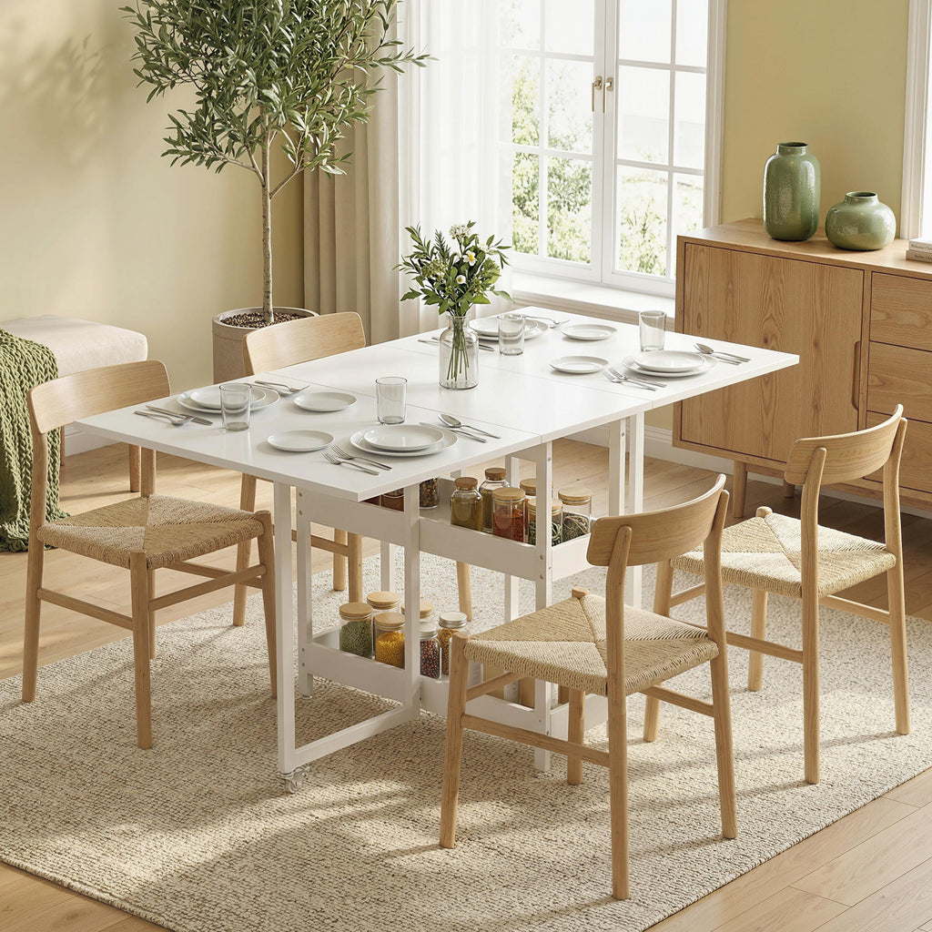 Table à manger pliante sur roulettes 4 personnes avec compartiments ouverts, pour petits espaces, salle à manger, blanc-1